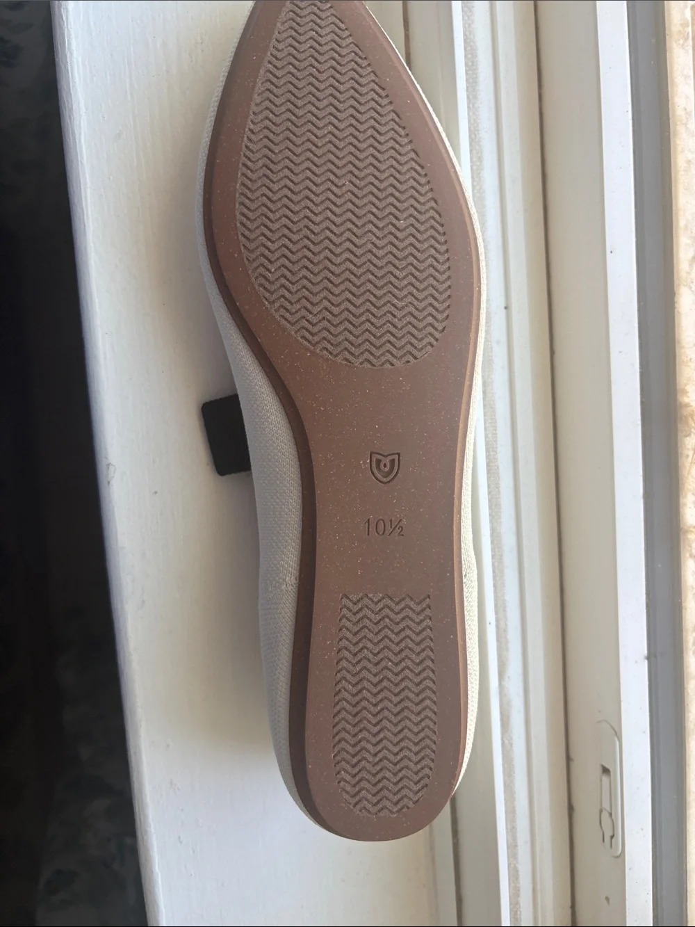 Rothy's Cream Ballet Flats with Black Elastic Strap and Blue Trim - Picture 2 of 5